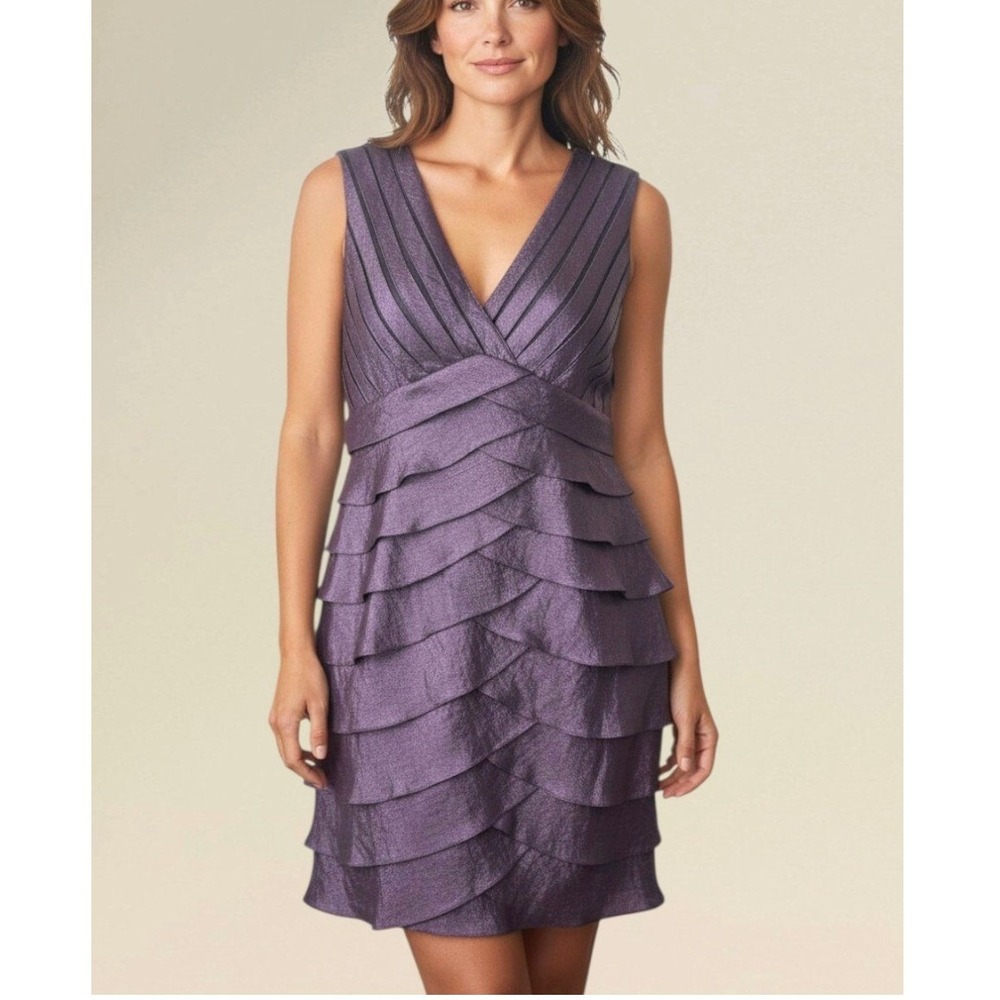 Adrianna Papell Purple Metallic Tiered Dress Size 8 Wedding Guest Cocktail Party